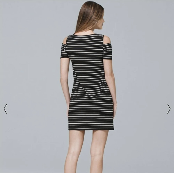 WHITE HOUSE BLACK MARKET WHBM Cold Shoulder Stripe Jersey Knit Shift Dress sz S - Picture 2 of 15